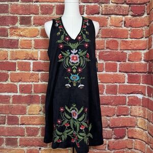 UMGEE Midi Dress Embroidered Sleeveless Tank Black V-Neck Boho Floral Size Small